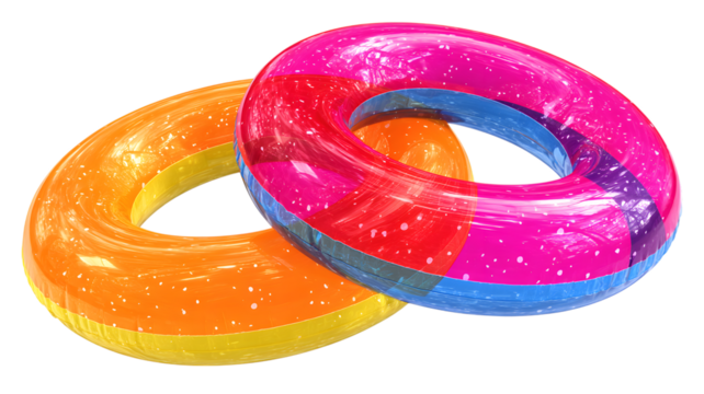 Two colorful inflatable pool floats overlapping against a background displaying abstract shapes and vibrant hues ready for summer activities