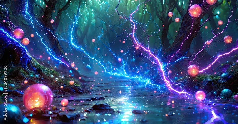 Poster magical forest scene. glowing orbs float amidst trees, illuminated by vibrant blue lightning. water 