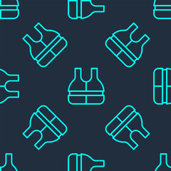 Green line Life jacket icon isolated seamless pattern on blue background. Life vest icon. Extreme sport. Sport equipment. Vector