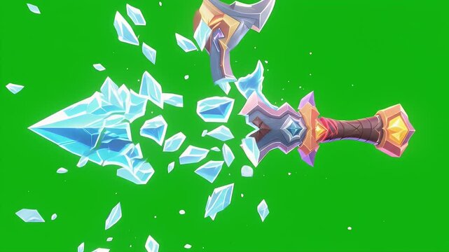 Magical Ice Sword Animation Materializing with Shattered Shards on Green Screen for VFX Game Assets and Fantasy Adventure Isolated Front View