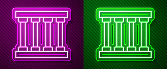 Glowing neon line Prison window icon isolated on purple and green background. Vector