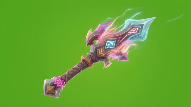 Magical Pixel Art Axe Floating on Green Screen Front View Isolated for Game Assets and VFX