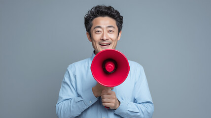 拡声器を抱え穏やかに微笑む日本人男性