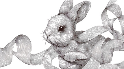 A detailed illustration of a rabbit surrounded by flowing ribbons, showcasing a whimsical atmosphere