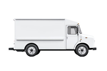 Mock up of a white food truck showcasing a side view with a clean and modern design, perfect for various culinary ventures and mobile dining experiences