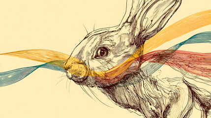 Artistic illustration of a rabbit with flowing ribbons, symbolizing freedom and creativity
