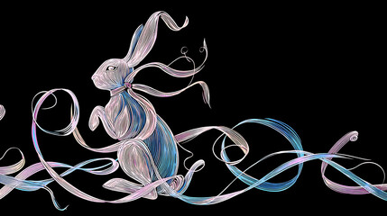 Colorful abstract illustration of a rabbit surrounded by flowing ribbons on a dark background