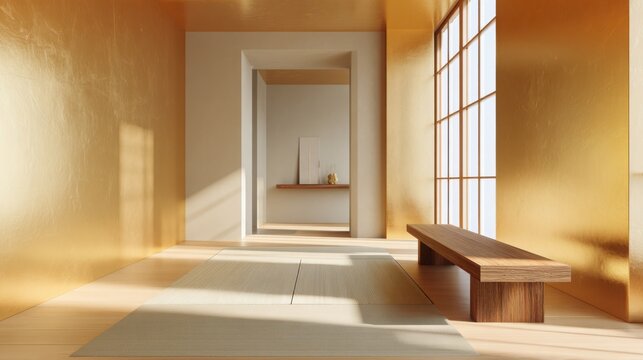 quiet meditation room with golden walls, tatami mat, low wooden bench, natural light, peaceful Zen mood, clean design