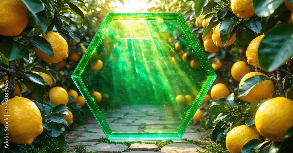 Poster lush citrus orchard features glowing hexagonal portal. sunlight streams through, illuminating stone 