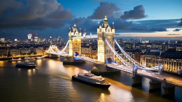 tower bridge illuminated at night over the river thames in london time laps video
