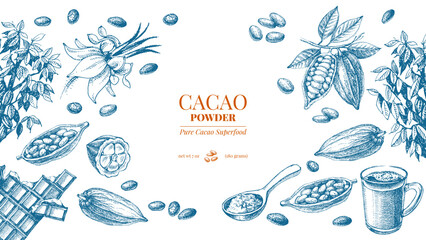 Hand drawn sketch cocoa chocolate product background. Vintage vector illustration of natural healthy food. Packaging design of cacao powder