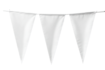 Mockup of blank vertical white pennant flags displayed in a row for event decoration or promotional use in various settings