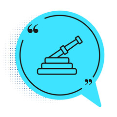 Black line Fire hose reel icon isolated on white background. Blue speech bubble symbol. Vector