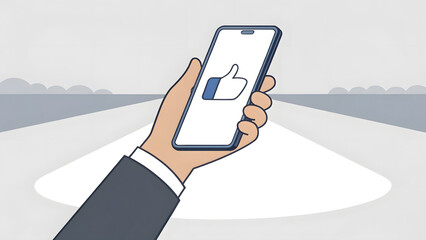 hand engaging with a smartphone vector, featuring a single like button, minimal gray background, wide open area, commercial us