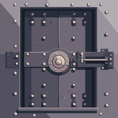 Detailed Illustration of a Heavy Duty Steel Vault Door with Rivets in Pixel Art Style