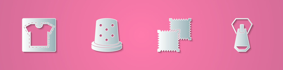 Set paper cut Sewing pattern, Thimble for sewing, Textile fabric roll and Zipper icon. Paper art style. Vector