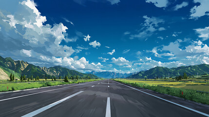 Scenic highway stretching through lush green landscapes under a vibrant blue sky