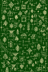 Seamless Tribal Folk Art Fabric Pattern with Hand Drawn Leaves, Huts, and Geometric Grids on Dark Forest Green Background for Ethnic Textile Printing
