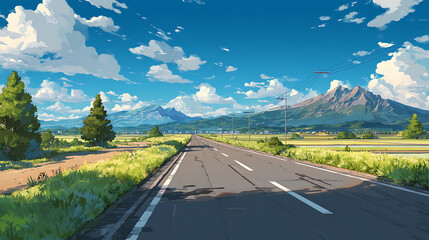 Scenic view of a winding road leading to majestic mountains under a bright blue sky