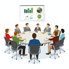 Diverse Team in Round Table Meeting Discussing Data Chart Presentation in a Corporate Office with Gray Chairs and a White Background Vector