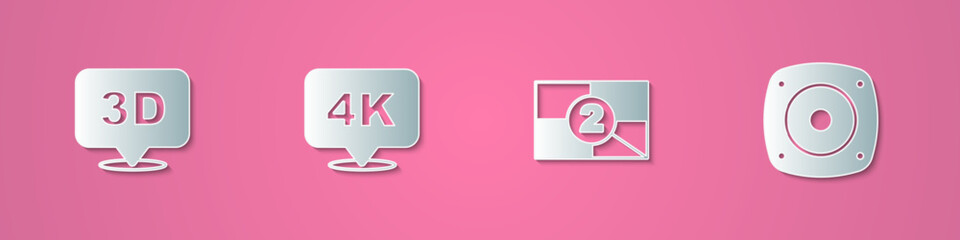 Set paper cut 3D word, 4k Ultra HD, Old film movie countdown frame and Stereo speaker icon. Paper art style. Vector