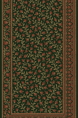 Vintage Kashmiri Floral Border Pattern on Dark Green Background.