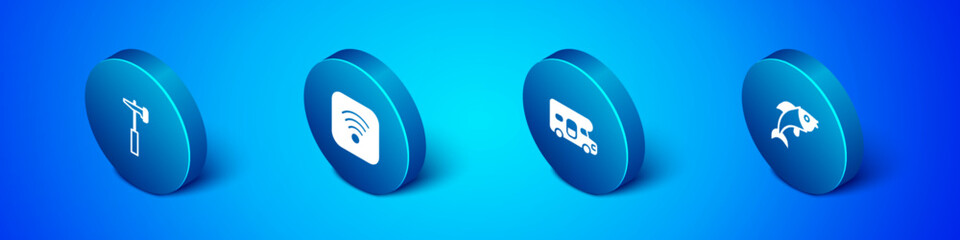 Set Isometric Hammer, RV motorhome vehicle, Fish and Wi-Fi wireless internet icon. Vector