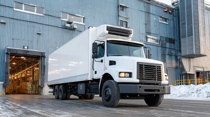Industrial scene with white refrigerated truck parked outside grocery store 