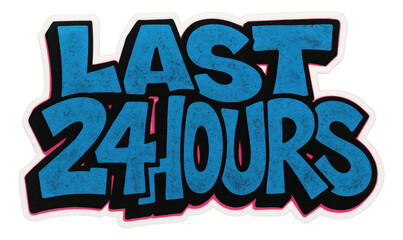 Graffiti-style bubble sticker with LAST 24 HOURS in bold blue lettering, dynamic retail promo on transparent background.