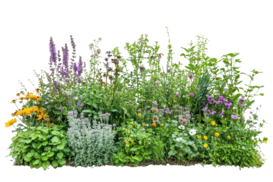 Wild garden plants flourish in a vibrant display showcasing diverse flora and greenery isolated on a transparent background