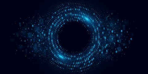 Abstract circular flow of glowing binary code forming a digital vortex. Big data visualization in cyberspace. Technology network background. AI programming machine. Vector illustration.