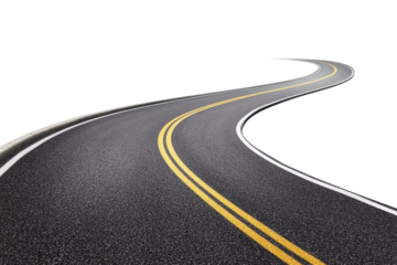 Winding asphalt road through a serene landscape encourages a tranquil journey in a clear and open environment