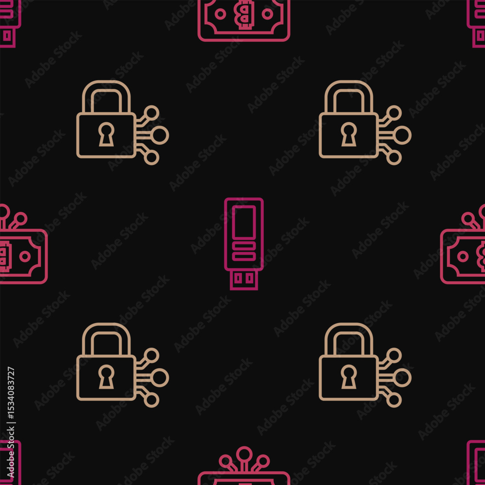 Poster set line bitcoin with circuit, lock bitcoin and usb flash drive on seamless pattern. vector