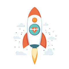 Animated Rocket Launching with Teal Heart Emblem and White Clouds on Clean Background