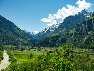 Fototapeta premium A peaceful Swiss valley stretches beneath majestic snow-capped mountains, dotted with charming alpine houses and green meadows. A river winds through the vibrant landscape under a clear blue sky.