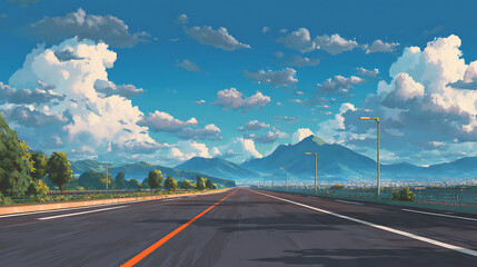 Scenic highway stretching towards distant mountains under a bright blue sky with fluffy clouds