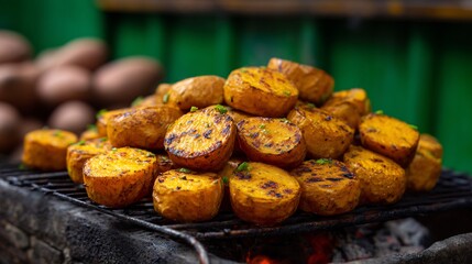 Vietnamese roasted sweet potatoes khoai lang nuong charcoal grill street vendor style near market with green background top down view