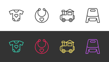 Set line Baby clothes, bib, Toy train and potty on black and white. Vector