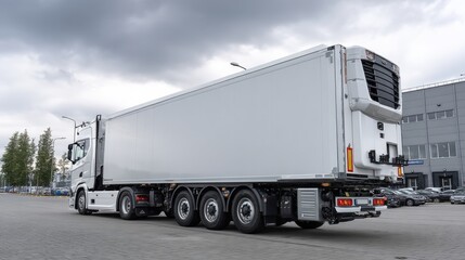 Modern refrigerated truck with a white body at the rear of a supermarket 