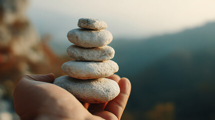 A hand carefully balancing a stack of smooth stones against a serene mountain backdrop at sunset