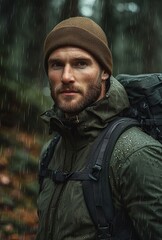 Obraz premium A rugged adventurer stands in a rainy forest, sporting a brown beanie and green jacket, embodying resilience and exploration amidst nature's challenges and beauty.