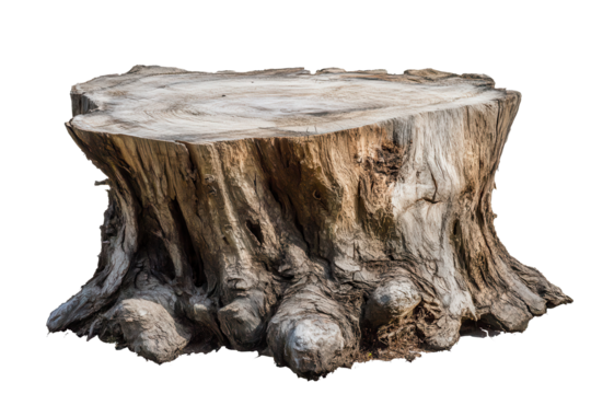 Large wooden tree log stump with detailed bark texture on transparent background showcasing natural wood patterns and grain