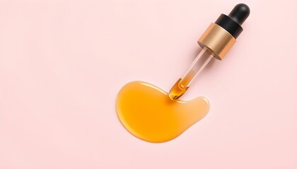 Golden dropper bottle dispensing amber serum onto a light pink surface.