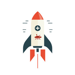Cartoon Rocket Launching Upward with Medical Symbol on White Background