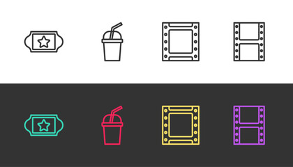 Set line Cinema ticket, Paper glass with water, Play video and on black and white. Vector