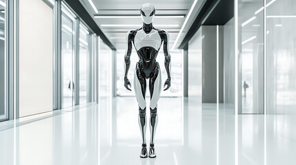 Advanced humanoid robot standing in a modern, sleek corridor