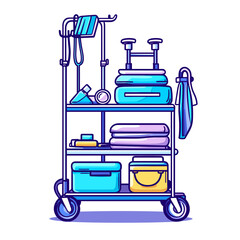 Cleaning Supplies Cart with Mop Buckets and Towels in Blue and Yellow Professional Janitorial Equipment for Hotel Housekeeping Vector Illustration