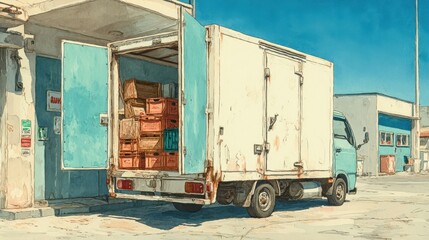 Rear doors of white truck open, crates visible, supermarket in background 