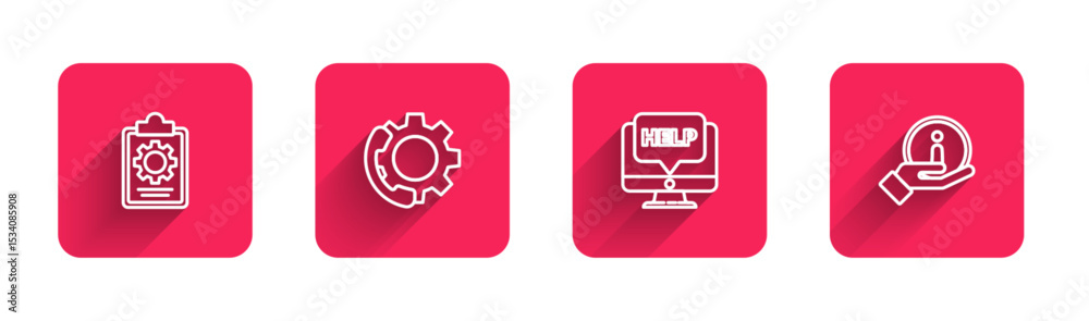 Poster set line checklist with 24 hours service, telephone support, computer monitor and help and informati