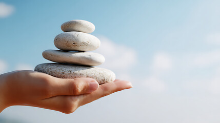 A hand carefully balancing four smooth stones against a serene blue sky with soft clouds